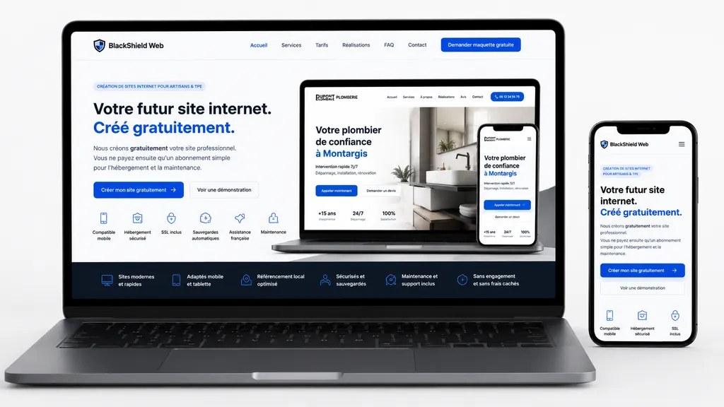 Exemple de site BlackShield Web sur ordinateur et mobile