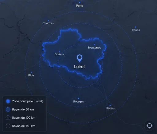 Carte de la zone d'intervention centrée sur le Loiret avec rayons de 50, 100 et 150 km
